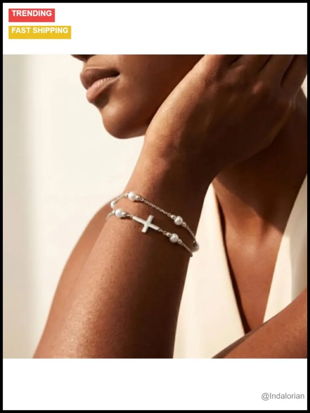 18K Gold Plated Pearl Cross Bracelet Women Adjustable Dainty Stackable